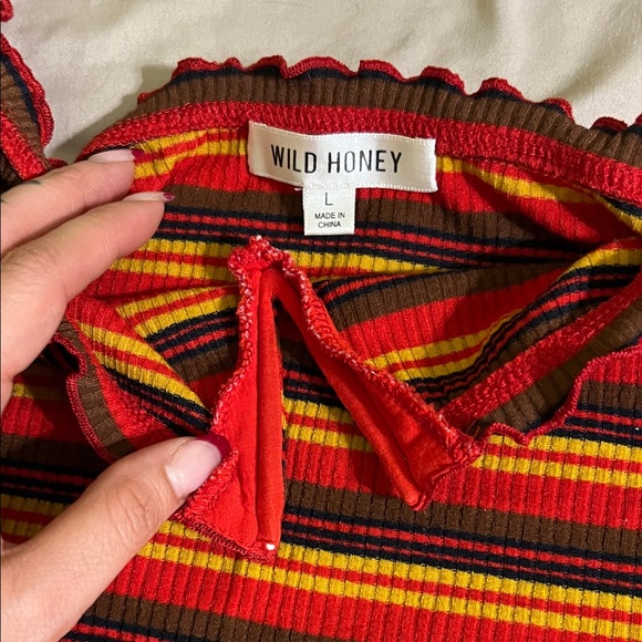 Wild Honey Red and Orange Striped Crop Top with Black Cross-Strap Top - Picture 3 of 6